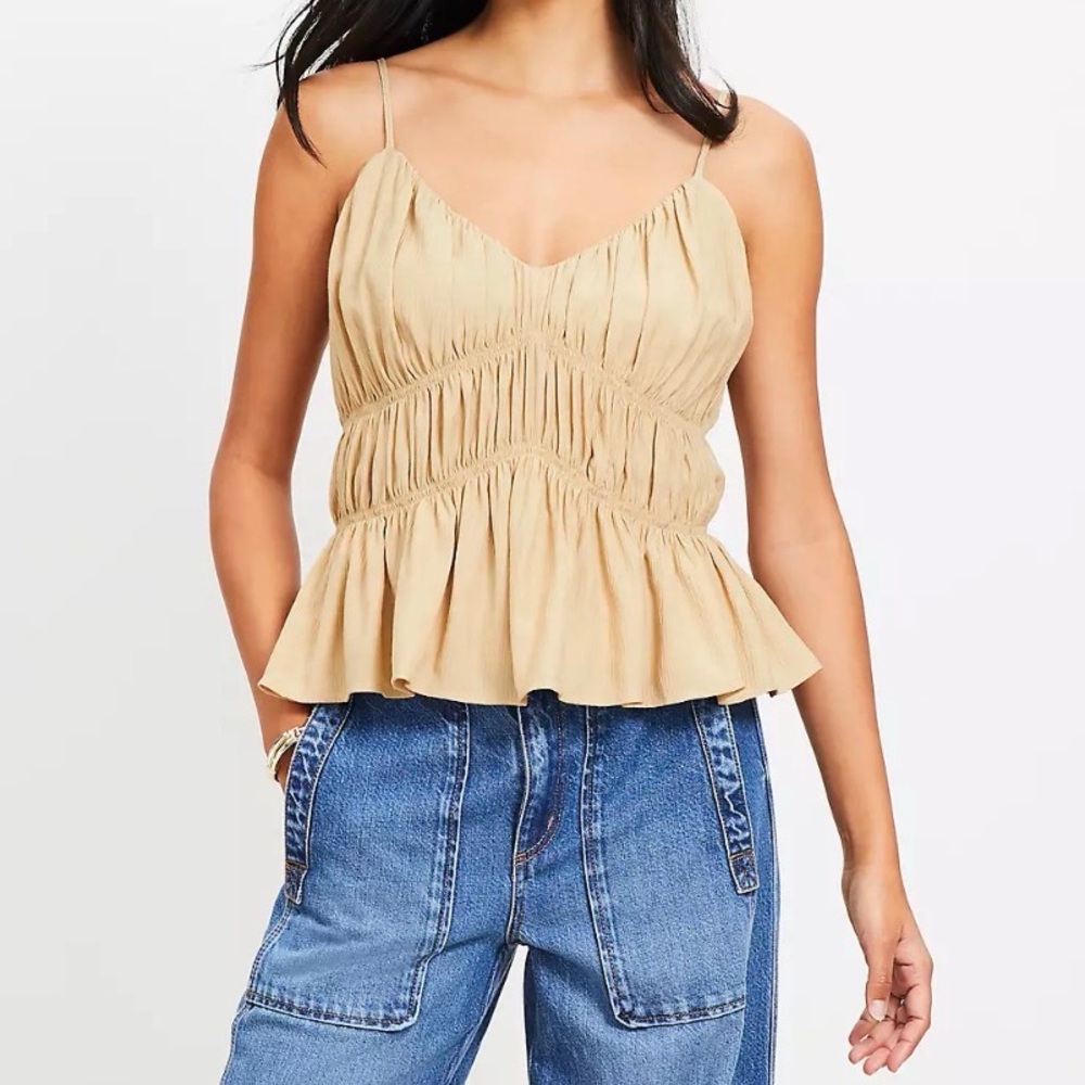 Loft Smocked Peplum Cami Tank Top Khaki Women's Size L Ruffled V Neck Boho